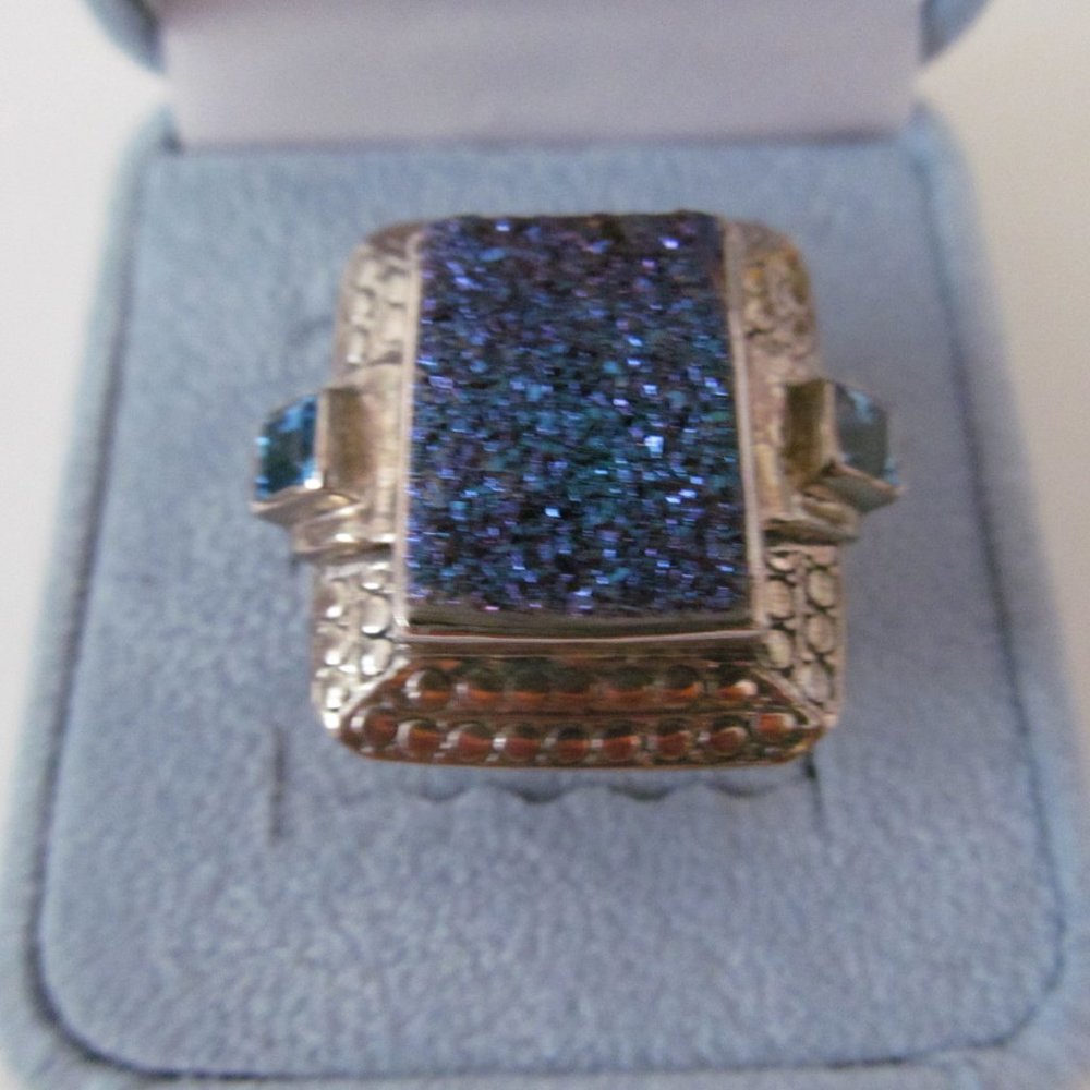 NICKY BUTLER SILVER DRUZY/BLUE TOPAZ RING SZ 6.3